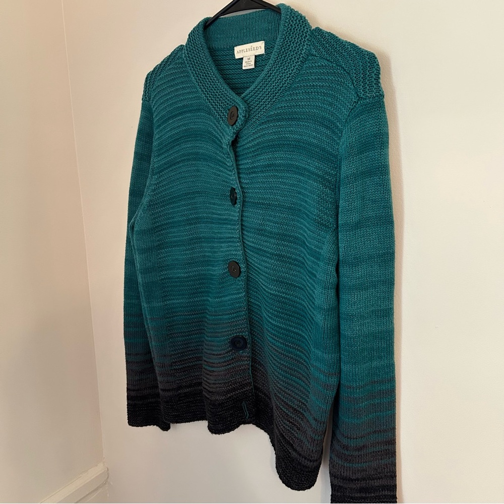 Appleseed's Button Up‎ Cardigan Sweater Long Sleeves sz medium turquoise & black